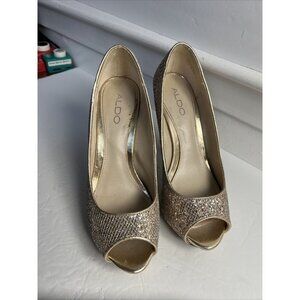 Aldo Metallic‎ Gold Glitter Peeptoe Platform Leather Stiletto Heels Size 7.5 38